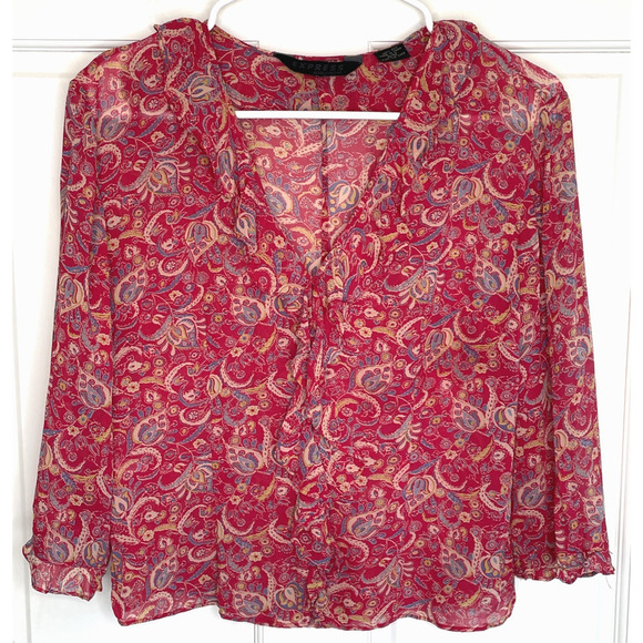 Vintage 90s Express Women's 100% Silk Ruffle Crop Blouse Sz 11/12 Sheer Paisley - Picture 1 of 16
